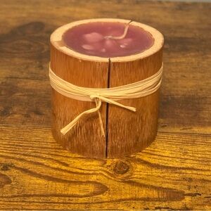 Rustic Wood Bamboo Style Candle ~3in Plum Wax Raffia Tie Boho Decor